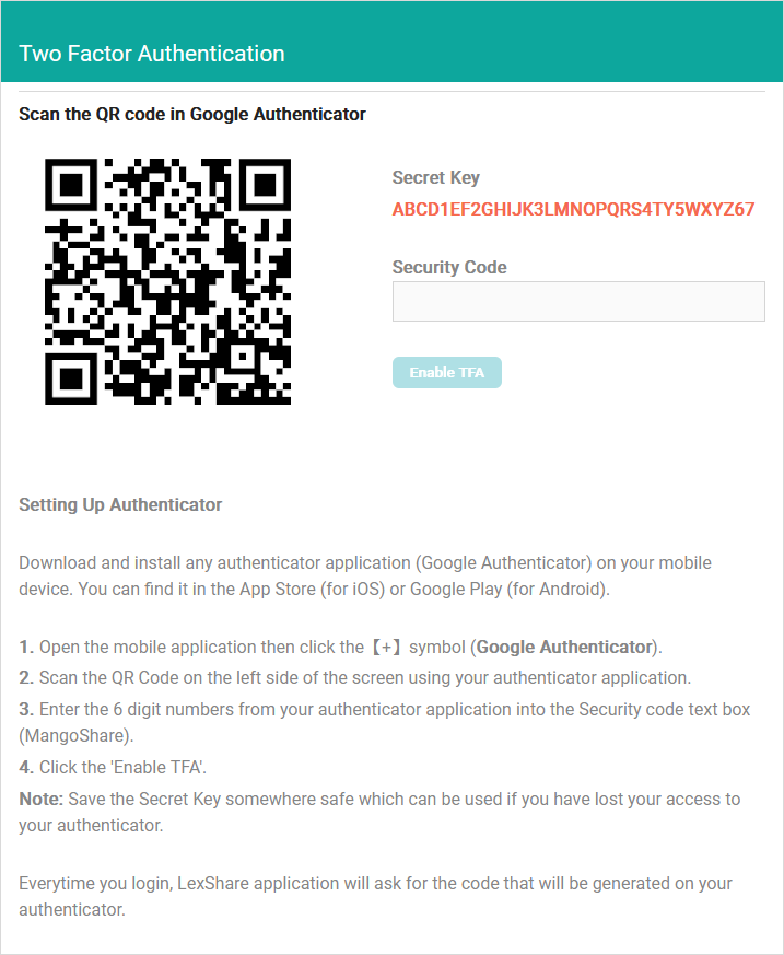 Two Factor Authentication section
