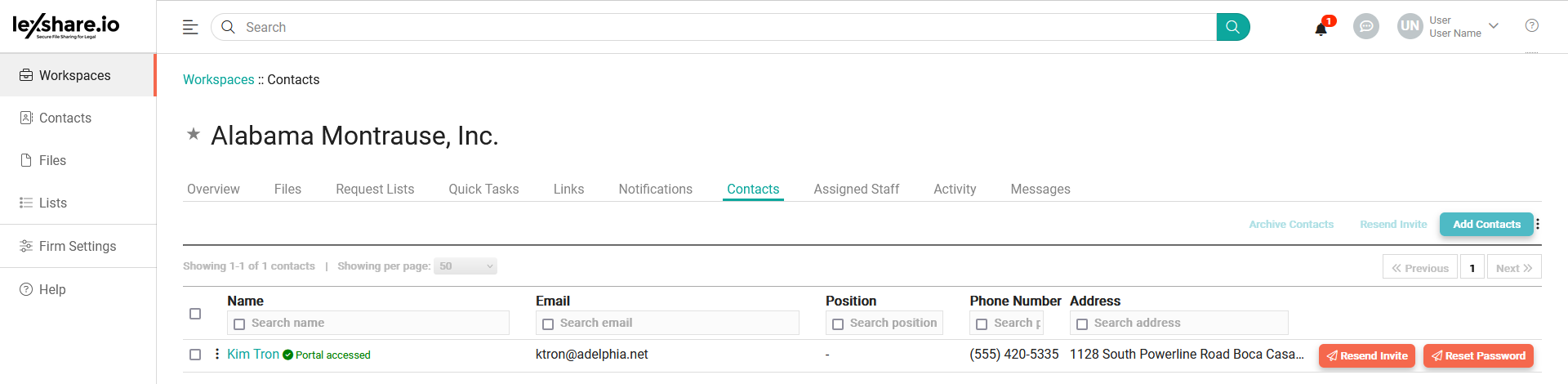 Workspace Contacts tab