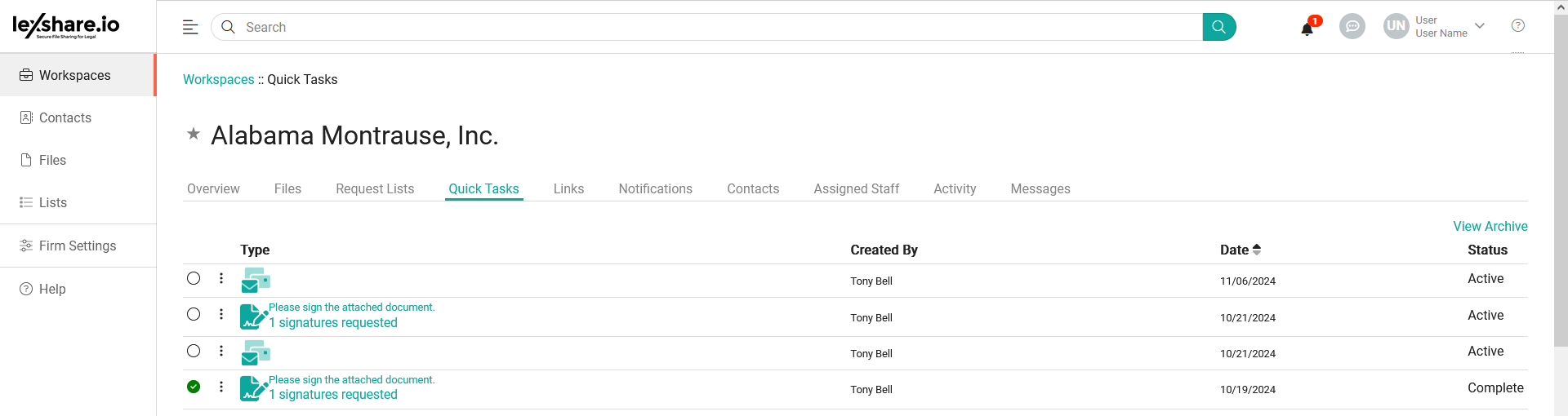 Workspace Quick Tasks tab