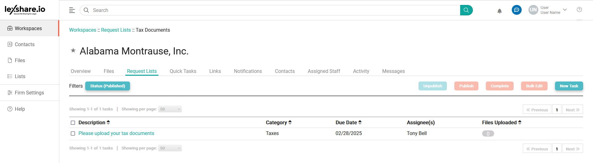 Workspace Request Lists tab